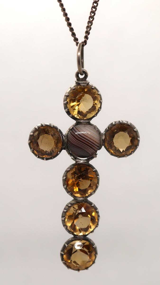 Victorian silver citrine and agate cross on chain