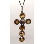 Victorian silver citrine and agate cross on chain