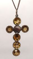 Victorian silver citrine and agate cross on chain