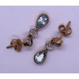 9ct gold aqua marine & diamond drop earrings