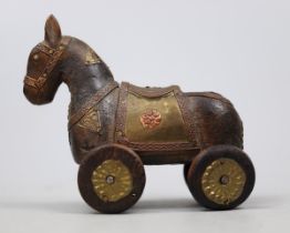 Vintage carved wooden Rajasthani horse on wheels