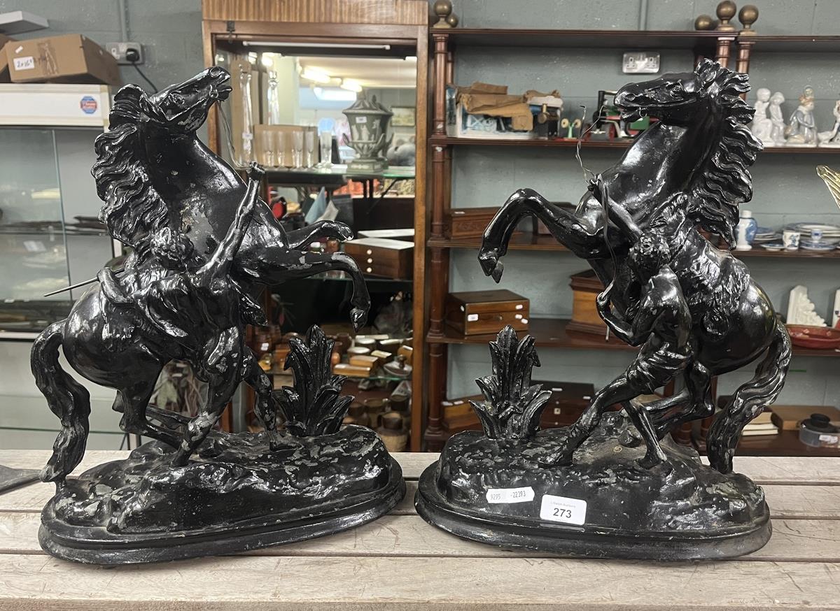 2 spelter marly horse & groom statues A/F - Approx height: 41cm