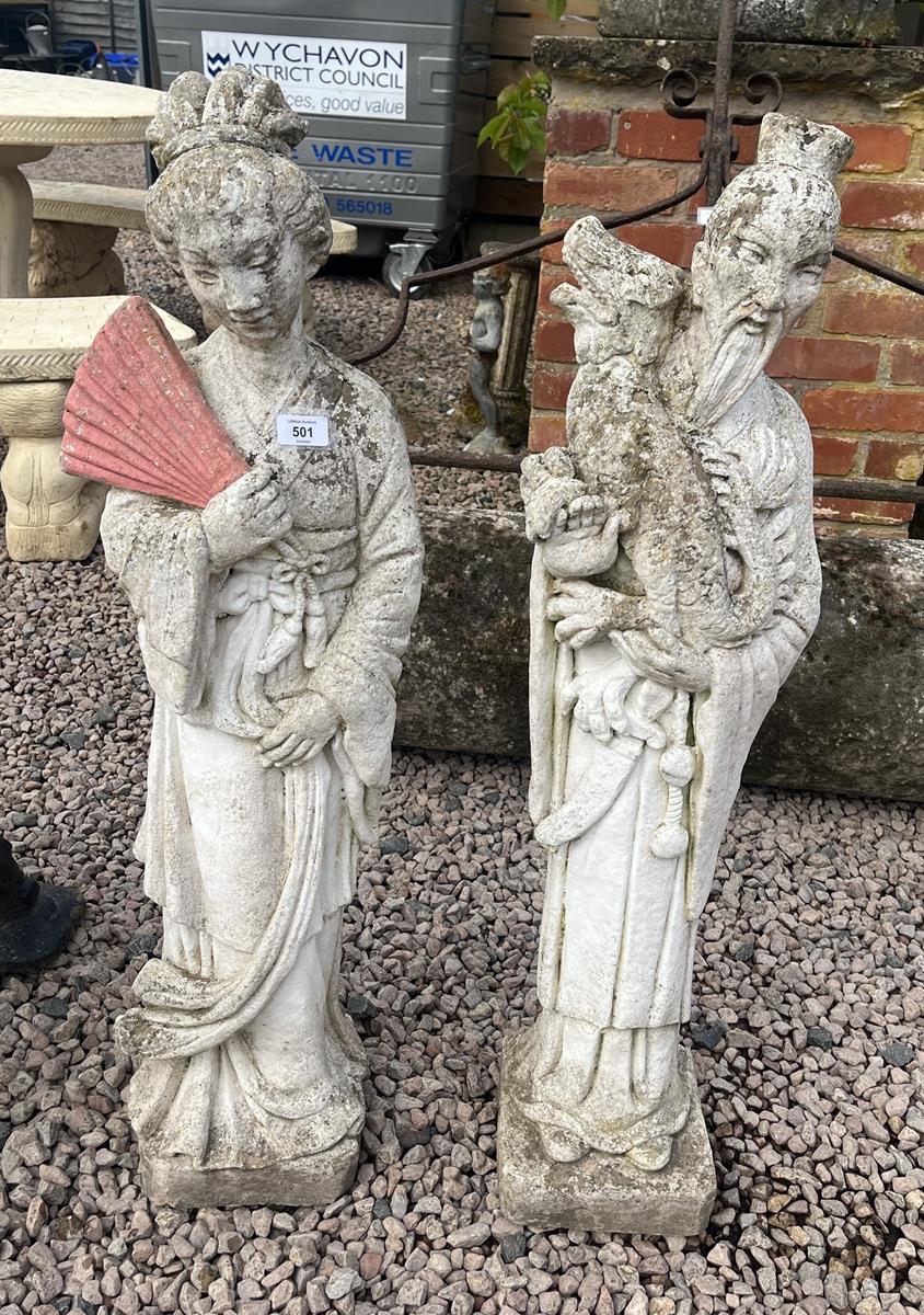 2 stone figures - Oriental man and lady - Approx height: 97cm