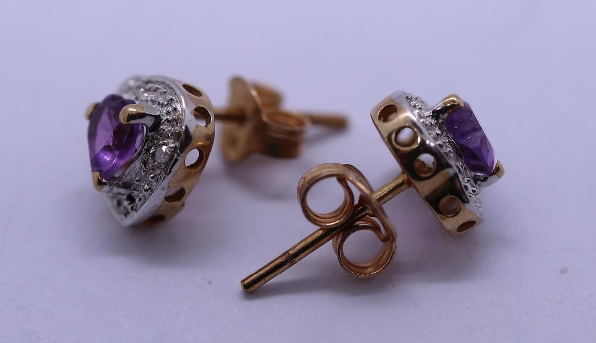 9ct gold amethyst & diamond heart shape earrings