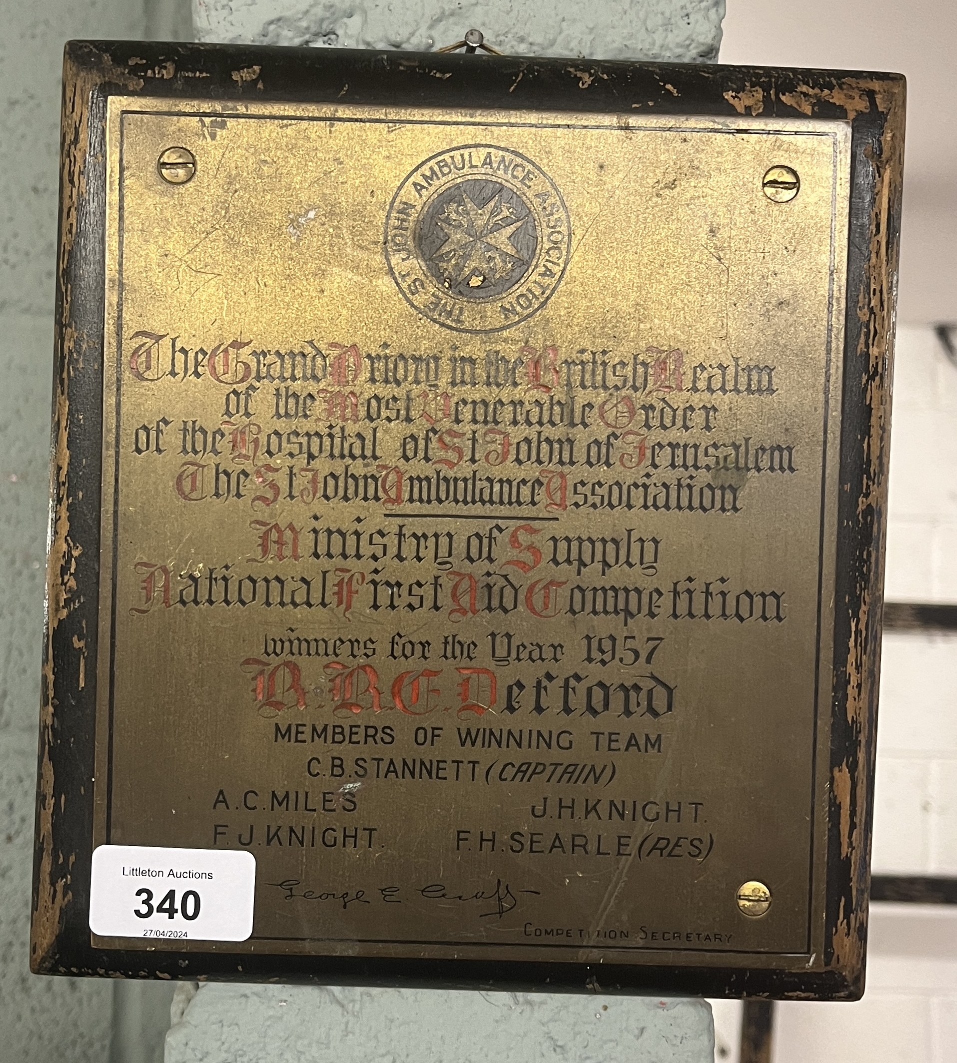 St John Ambulance association national First Aid competition plaque 1957 - Image 2 of 2