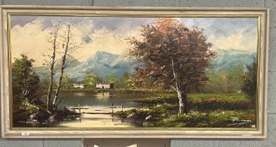 Large framed oil on canvas river and mountain scene indistinct signature - Approx image size: