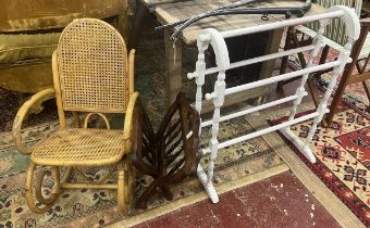 Wicker and bamboo childs rocking chair together with a folding magazine rack and painted towel rail