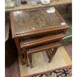 Chinese hardwood carved glass topped nest of 3 tables