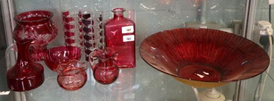 Collection of cranberry coloured glass