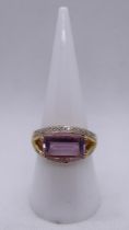 9ct gold amethyst and diamond ring - Size O