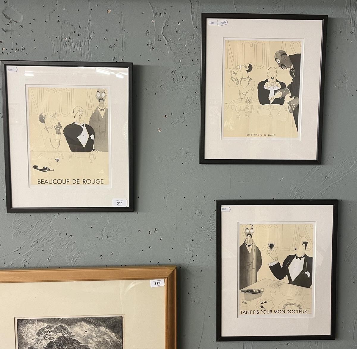 3 framed French caricature prints