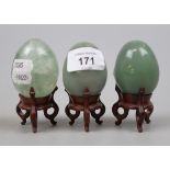 3 stone eggs on stands - 2 possibly jade