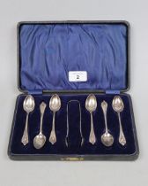 Cased set of 6 silver spoons together with sugar tongs - Approx weight 101g