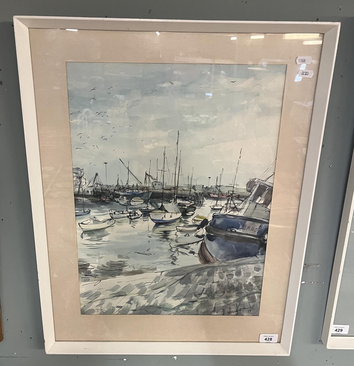 Pencil and ink by Denis James - The Blue Boat, Brixham 1976 - Approx image size: 36cm x 48cm