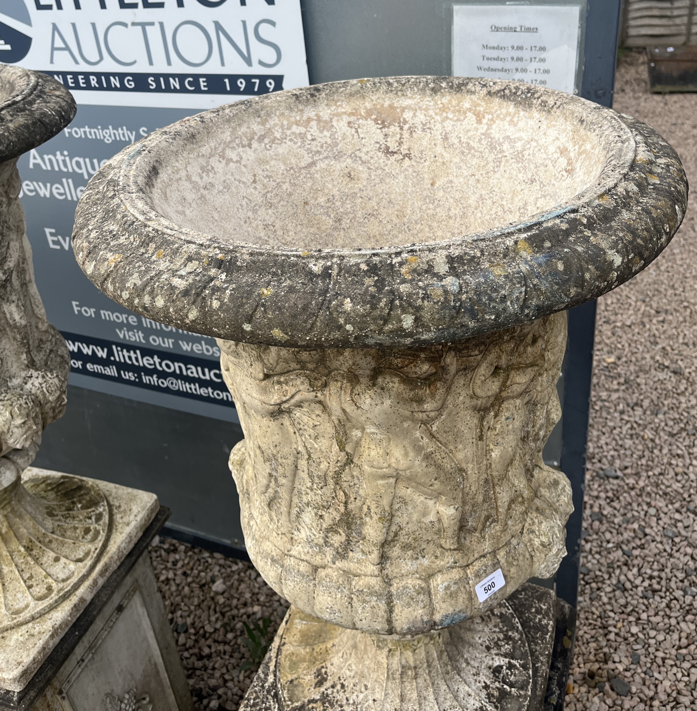 Set of 4 vintage recon stone Grecian urns on reconstituted stone classic plinths - Approx height: - Image 3 of 4