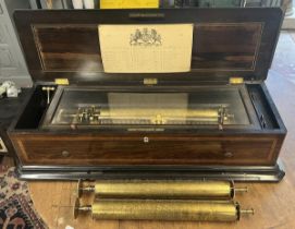 Fine Antique mandoline pin and comb music box together with 2 extra cylinders