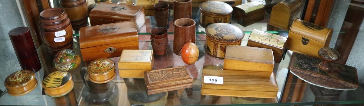 Collection of treen to include small carved painted pill boxes