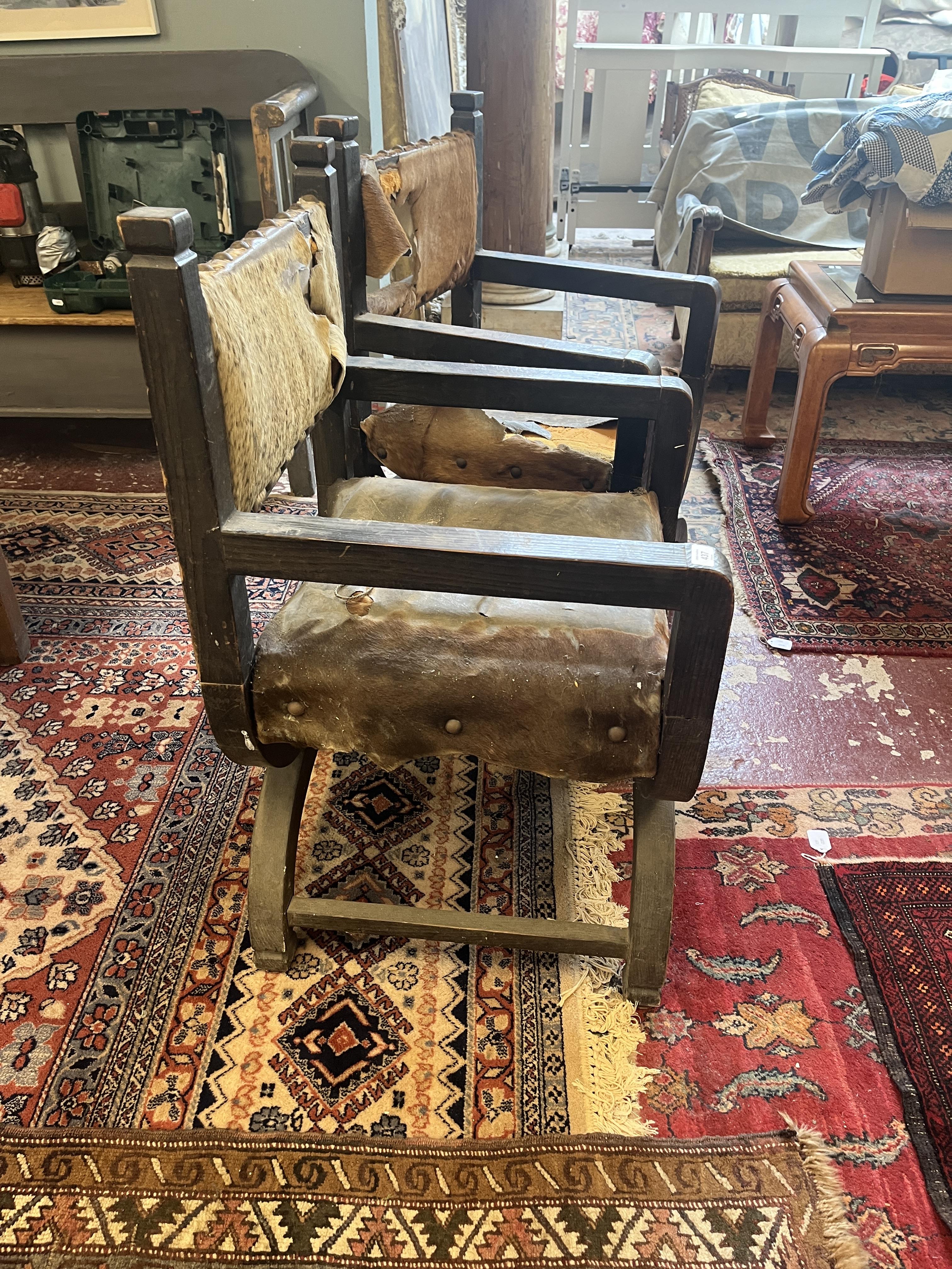 Pair of X framed chairs upholstered with animal hides - Image 5 of 5