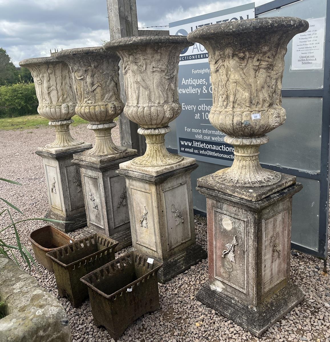 Set of 4 vintage recon stone Grecian urns on reconstituted stone classic plinths - Approx height: