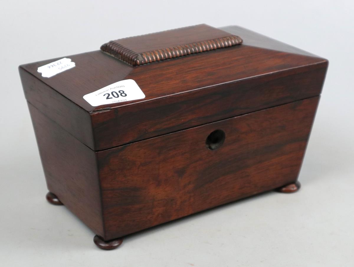 Antique mahogany sarcophagus tea caddy with bun feet