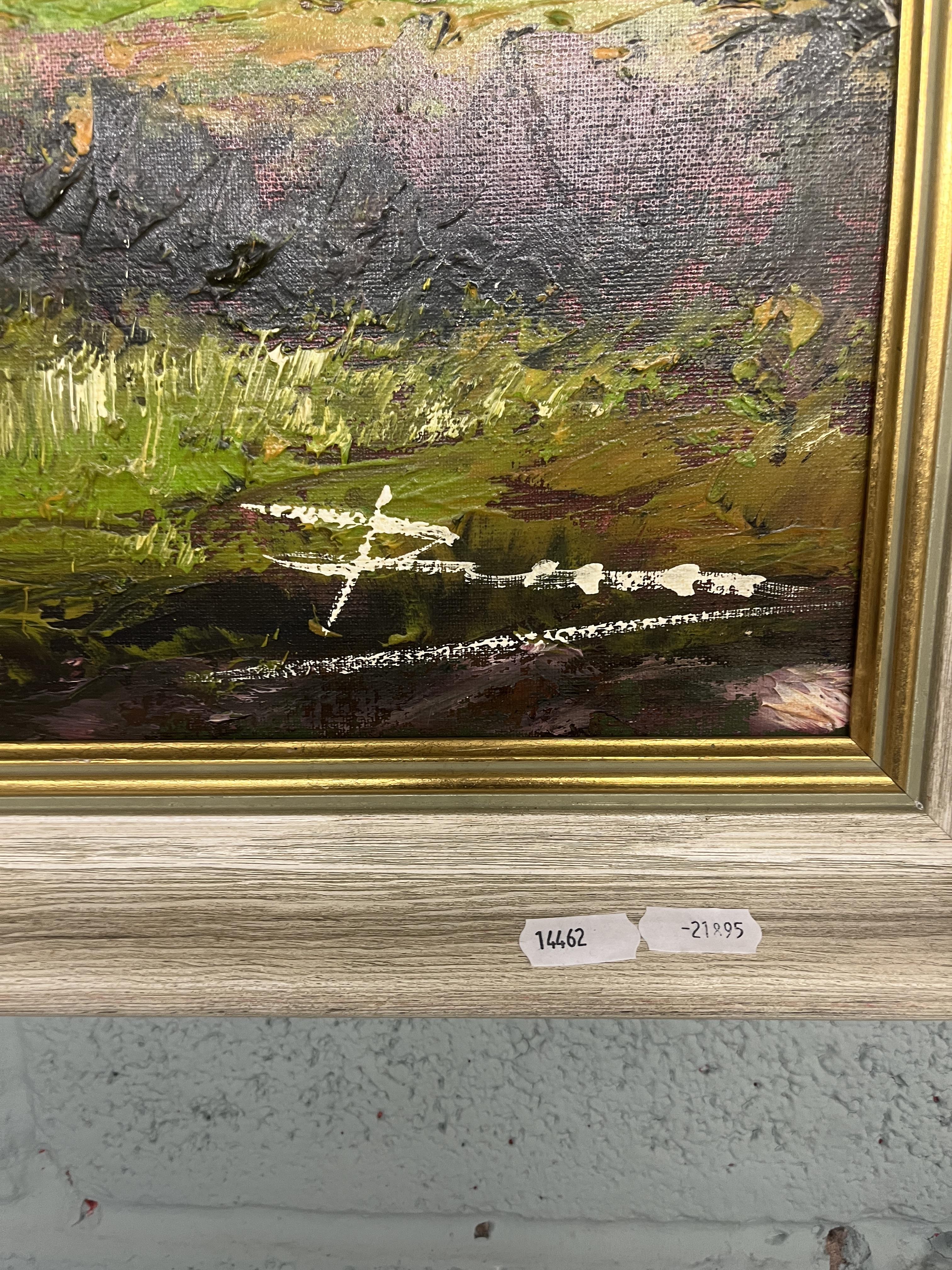 Large framed oil on canvas river and mountain scene indistinct signature - Approx image size: - Image 2 of 2