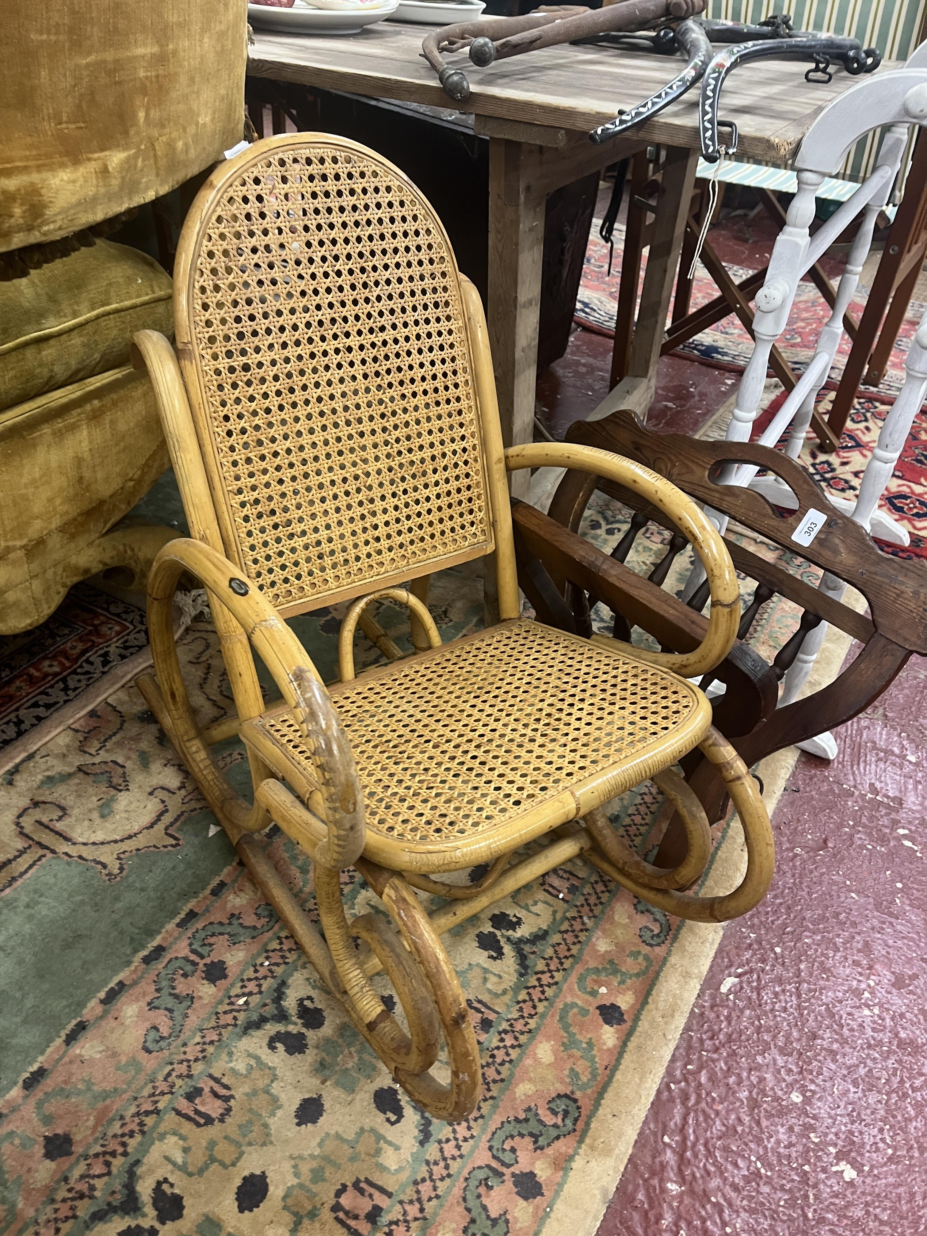 Wicker and bamboo childs rocking chair together with a folding magazine rack and painted towel rail - Image 2 of 4