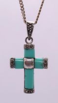 Silver turquoise cross on chain