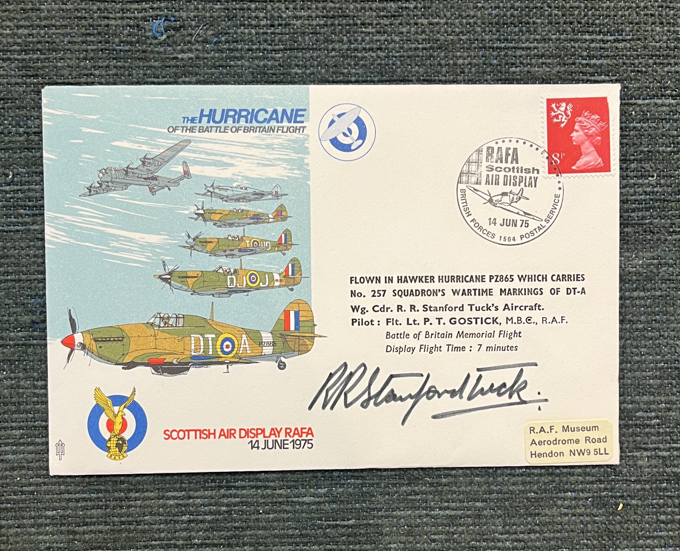 Postcard - Aviation. 1975 RAF Hurricane signed RR Stanford Tuck. Scarce - Image 2 of 4