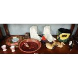Collection of decorative painted items to include papier-mache bowl, wooden ducks etc.