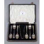 Cased set of 6 silver spoons together with sugar tongs - Approx weight 93g
