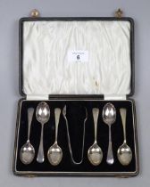 Cased set of 6 silver spoons together with sugar tongs - Approx weight 93g