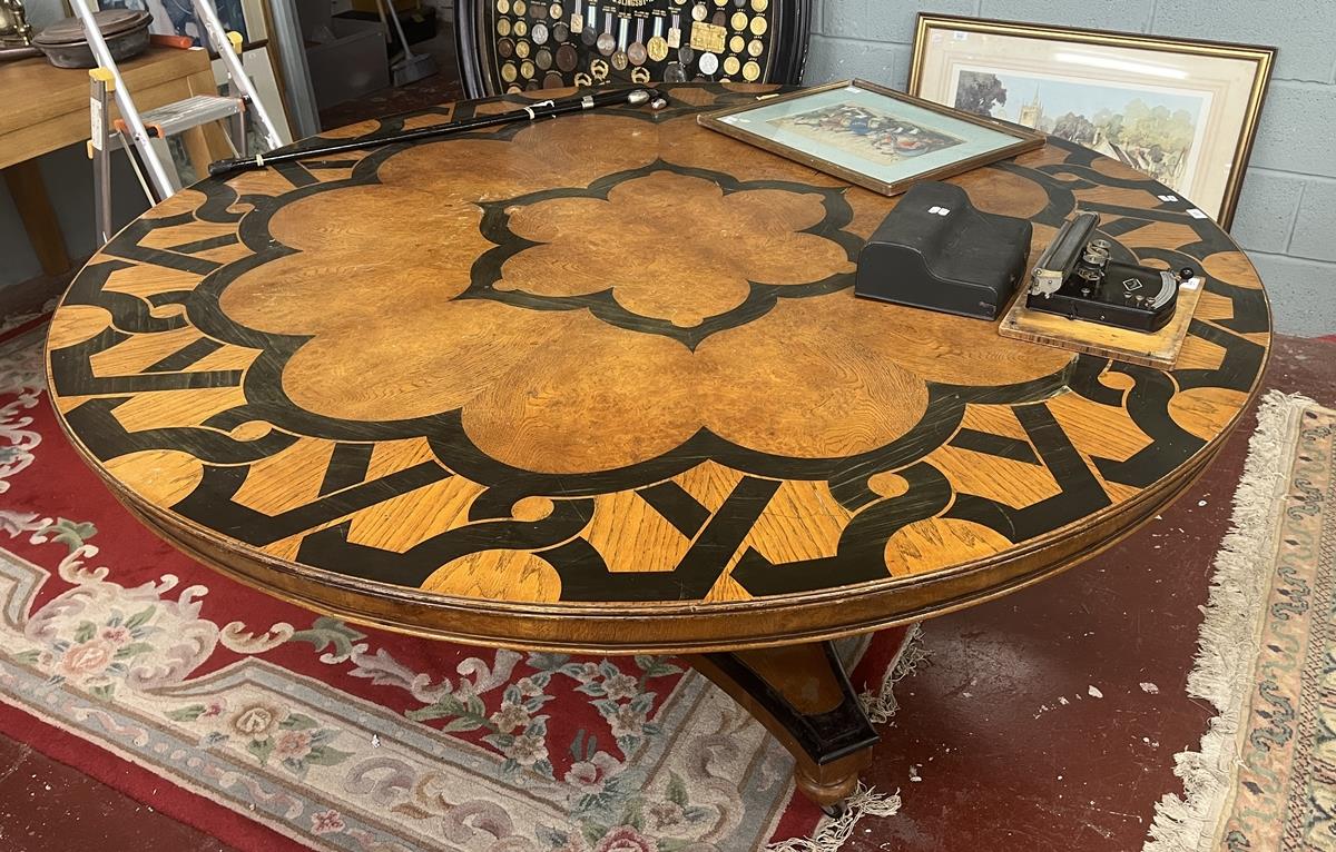 Large antique circular inlaid pedestal table - Approx size: Diameter 183cm, Height 76cm