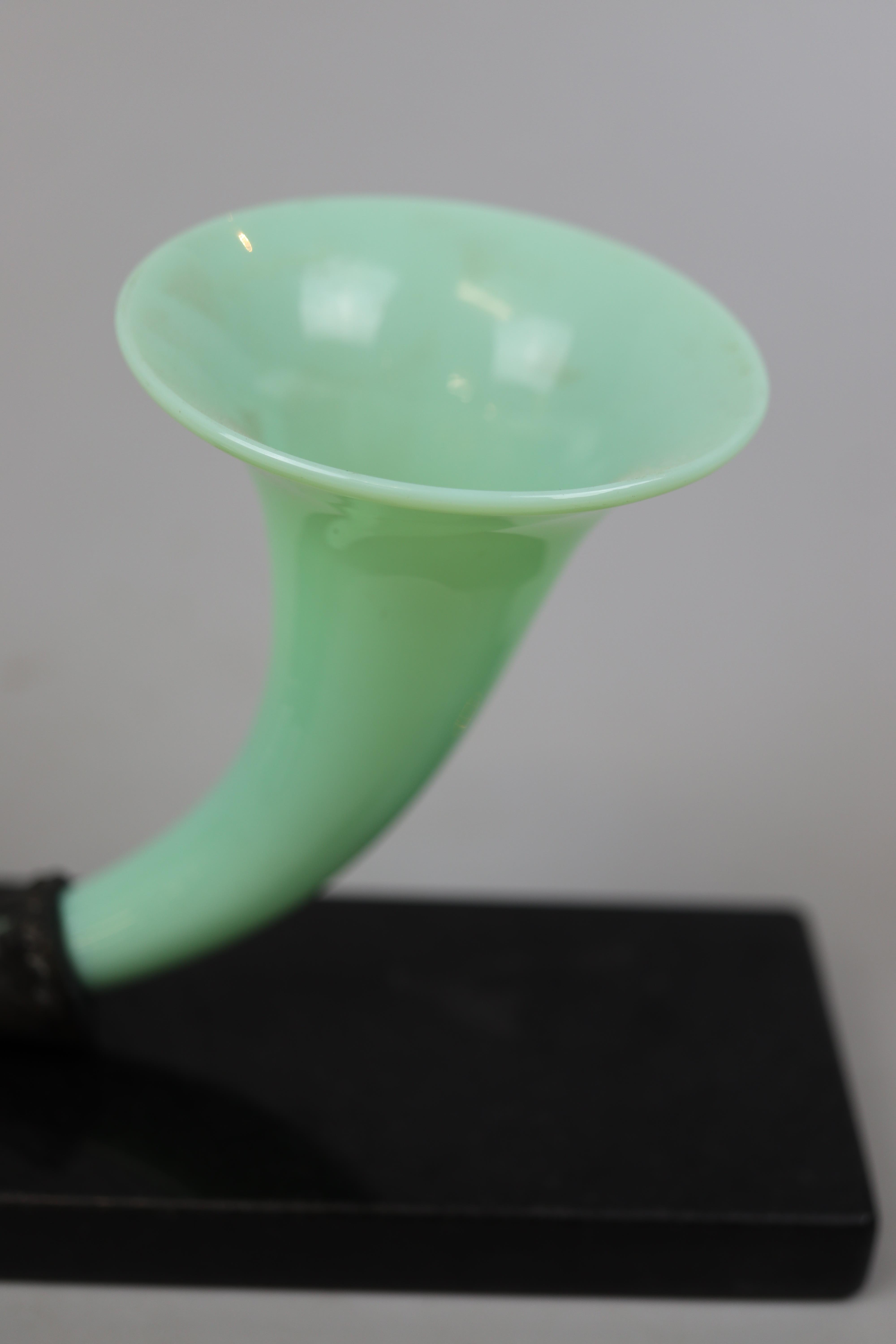 Green glass cornucopia vase on marble base - Image 5 of 5