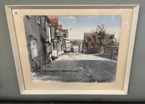 Watercolour, pen and ink - The Old High Street Bishops Stortford 1979 - Approx image size: 49cm x