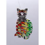 Silver enamel ruby eyed cat pendant/brooch