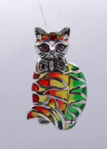 Silver enamel ruby eyed cat pendant/brooch