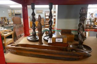 Collection of wooden boxes candlesticks etc