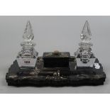 Oriental Paper Mache desk tidy inlaid with mother of pearl together with 2 cut glass inkwells