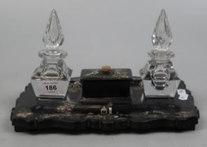 Oriental Paper Mache desk tidy inlaid with mother of pearl together with 2 cut glass inkwells