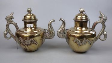 Pair of C19th Tibetan yak butter teapots adorned with dragons - Approx height: 28cm