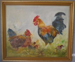 Oil on board - 2 Cockerel's - Approx image size: 54cm x 44cm