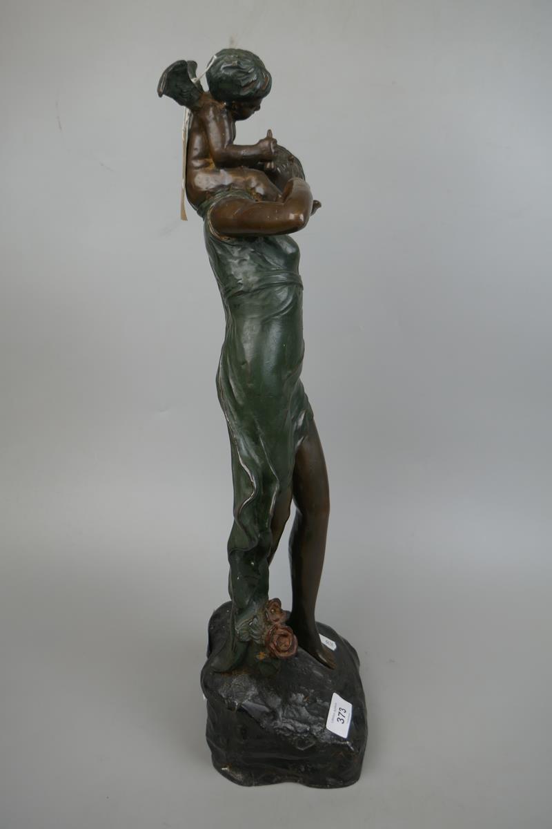 1930's Art Nouveau bronze maiden with winged cherub - Approx height: 61cm - Image 2 of 6