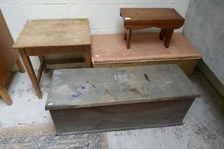 Pine box, Lloyd Loom ottoman, small desk and stool