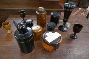 Collectables to include treen, Ebony & walnut canisters, glass scent bottles, goblets etc
