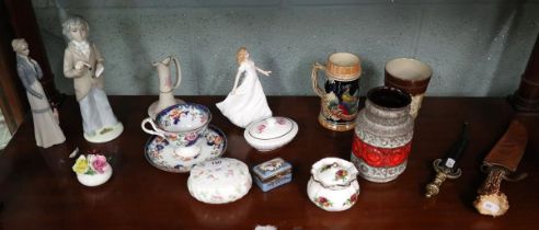 Shelf of collectables to include Royal Doulton, daggers, West German vase etc