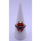 Red jade, lapis & turquoise ring with 14ct overlay to include COA