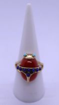 Red jade, lapis & turquoise ring with 14ct overlay to include COA