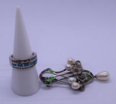 Silver enamel pearl brooch together with silver enamel ring