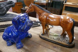 Terracotta salt glazed bulldog together with a ceramic horse figure