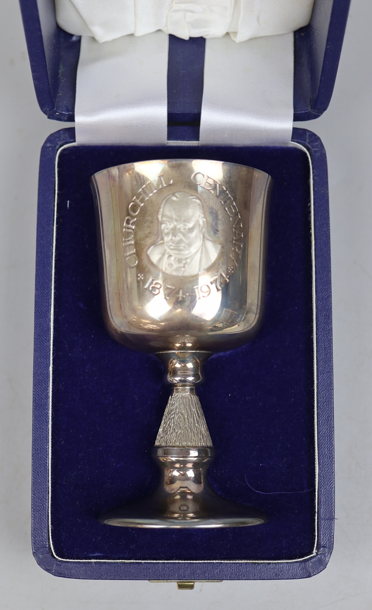 Aurum boxed hallmarked silver and gold plated Churchill Centenary Goblet - Approx 14cm tall - Image 2 of 6